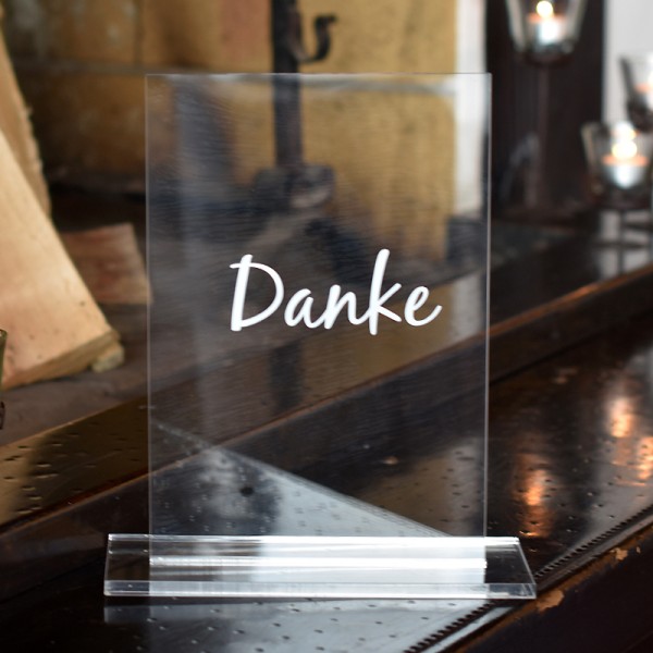Schild/ Aufsteller Danke Acryl eckig klar Schrift weiss mieten für Geschenketisch Hochzeit