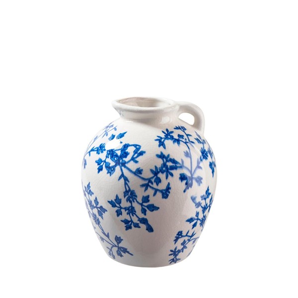 Vase Flaschenvase Henkel Keramik weiss-blau Blumen Ranken Motiv Französisch Italienisch Portugisisch Mediterran mieten | Verleih Hochzeit Event Feier Tischdeko2