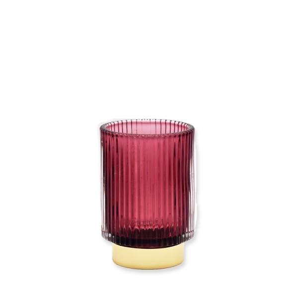 Vase Rille, Glas burgund mit Goldfuß mieten für Hochzeit und Event Tischdekoration