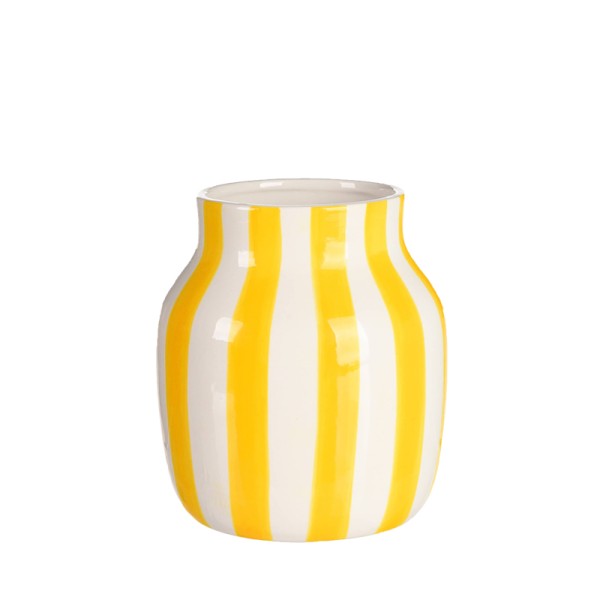 Vase Keramik weiss-gelb klein Streifen mieten | Verleih Hochzeit Event Feier Tischdeko Sommerfest Party