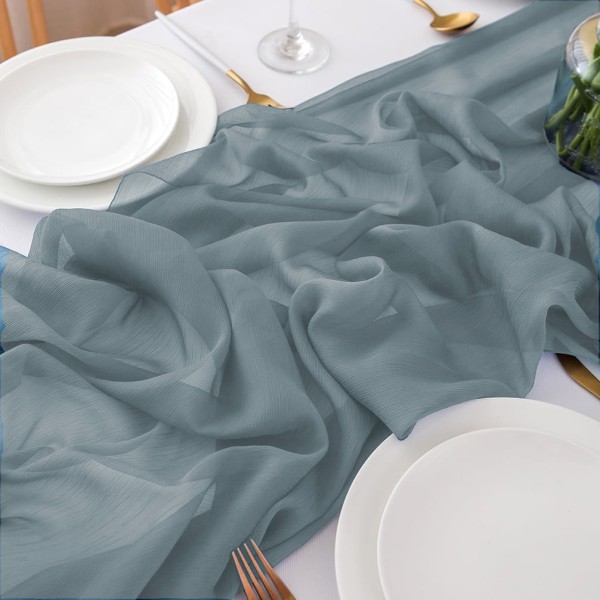 Tischläufer Chiffon dusty blue staubiges blau mieten | Verleih Hochzeit, Feier, Geburtstag, Event