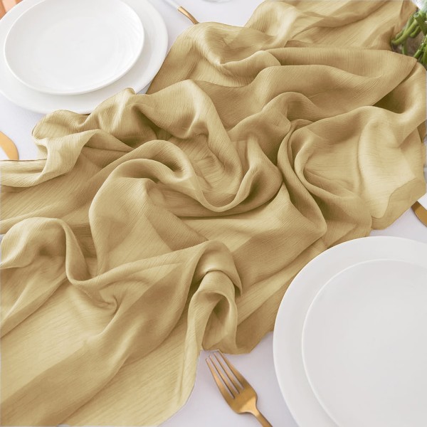 Tischläufer Chiffon natur hellbraun mieten | Verleih Hochzeit, Feier, Geburtstag, Event