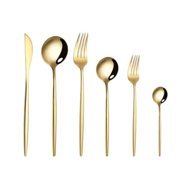 Besteck_Stiletto_modern_Gabel_Messer_Loeffel_Dessertgabel_Dessertloeffel_Kaffeeloeffel_gold_glänzend_Set_6-teilig_mieten_Verleih_Hochzeit_Firmenfe