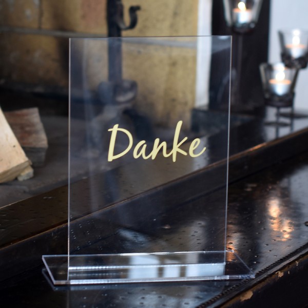 Schild/ Aufsteller Danke Acryl eckig klar Schrift gold mieten für Geschenketisch Hochzeit