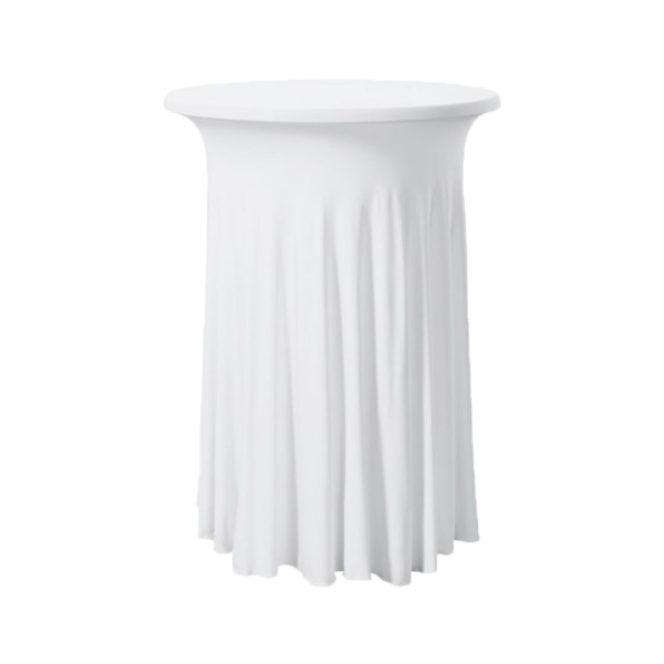 Stehtischhusse Stretch weiss mit fließendem, modernen Rock mieten Verleih Hochzeit Event Feier
