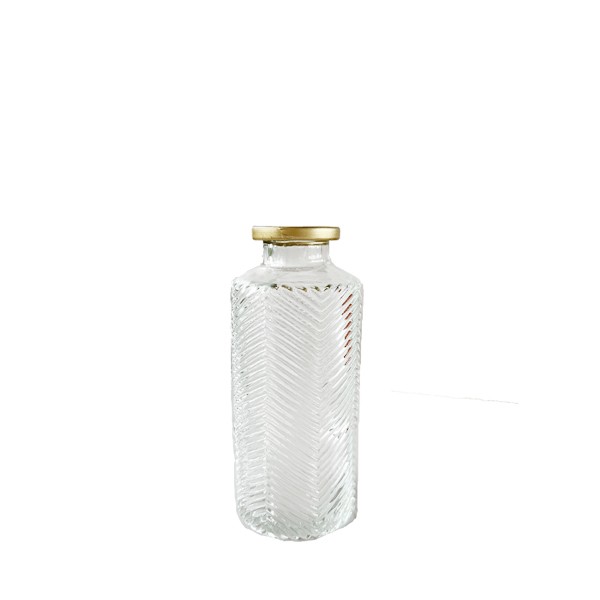 Flasche Rille klar mit Goldrand, Glas klar mieten für Hochzeit und Event Tischdekoration