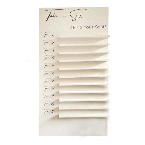 Sitzplan Tischplan Willkommensschild Take a shot and find your seat | Holz ivory, beige für Hochzeit und Veranstaltung [mieten]