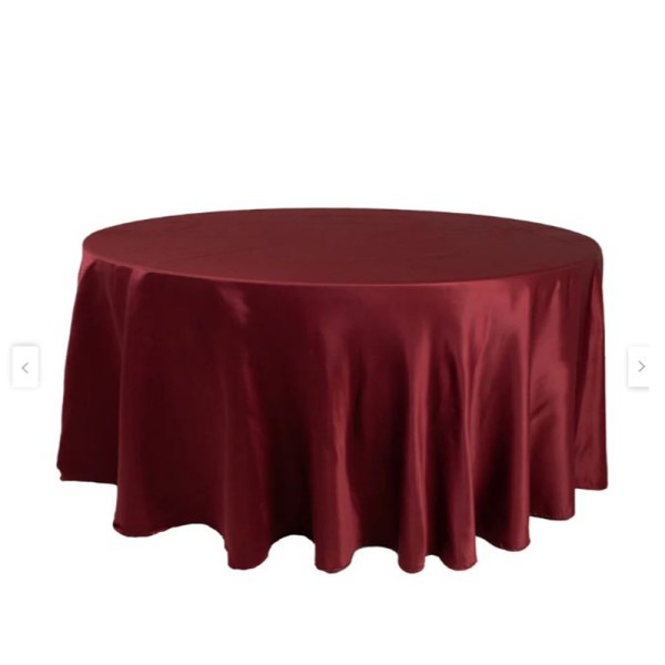 Tischdecke burgundy | bordeaux rund 330 cm bodenlang Lamour Satin matt zum Raffen mieten | Verleih Hochzeit, Feier, Event