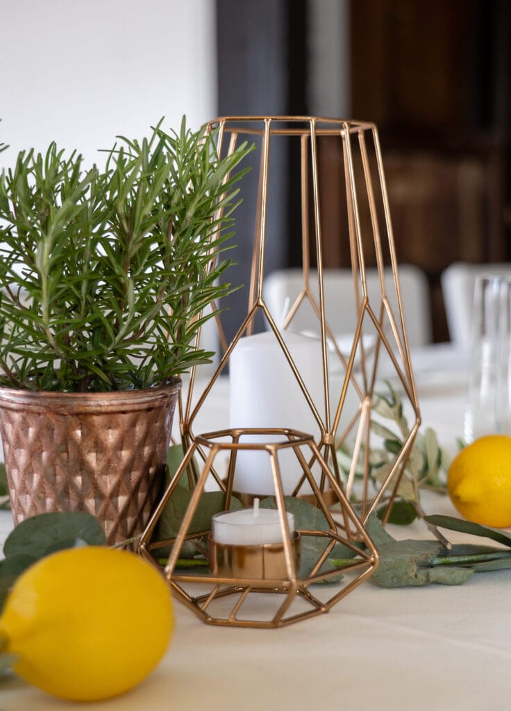 DekoandDesign_Gemometrische_Teelichthalter_Kraeutertopf_Mieten_Dekoration_Hochzeit_Kraeuter_mediteran_Olive_Zitronen