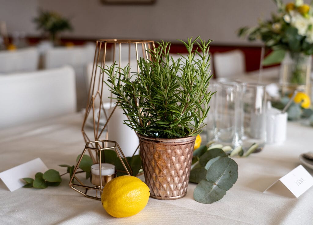 DekoandDesign_kupfer_Blumen_Windlicht_teelicht_geometrisch_mieten_eukalyptus_Dekoration_Hochzeit_Kraeuter_mediteran_Olive_Zitronen