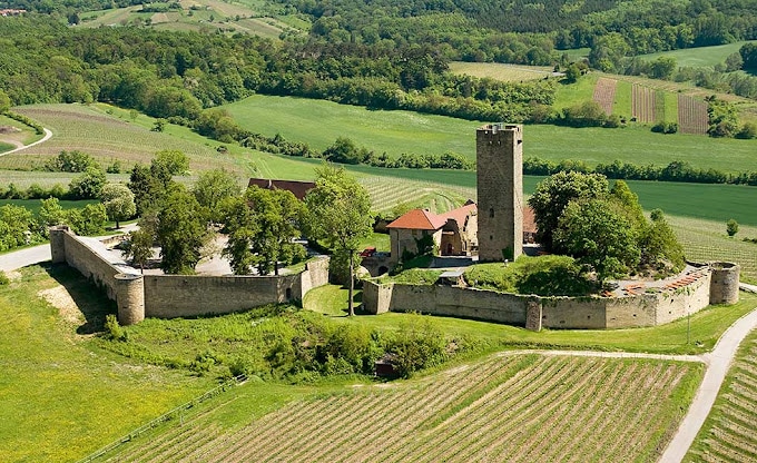 Luftaufnahme der historischen Burg Ravensburg mit einem von Wehrmauern umgebenen Turm, eingebettet zwischen grünen Feldern und Bäumen.