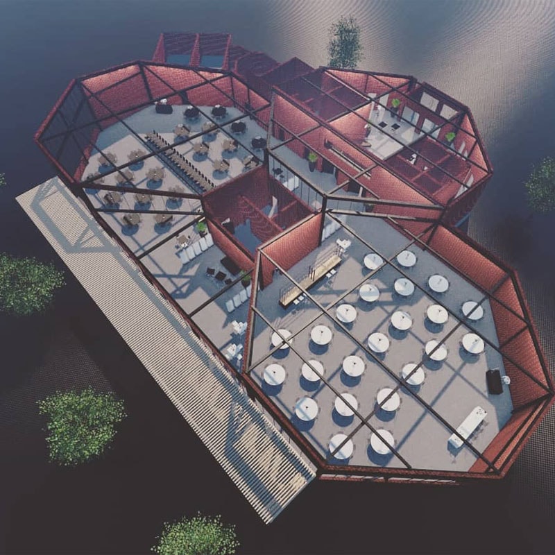 Luftaufnahme eines modernen Restaurants an mehreren Standorten mit geometrischem, sechseckigem Design und Sitzplätzen im Freien, umgeben von Wasser.