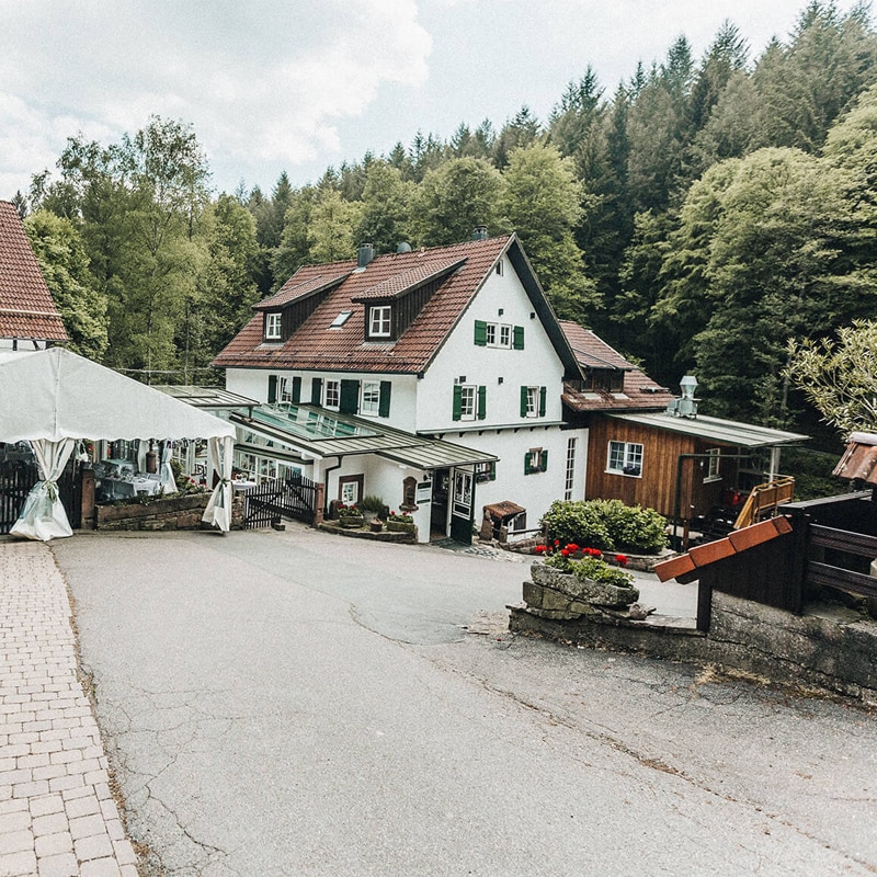 Rustikale Dorfstraße in malerischer Lage mit traditionellen europäischen Häusern, umgeben von Wald.