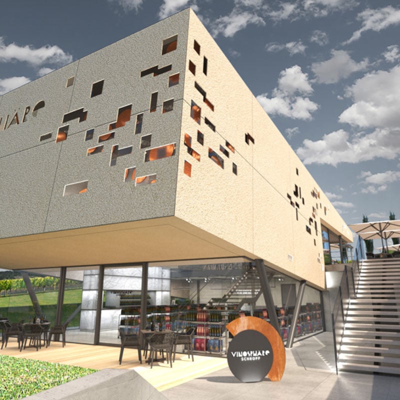 Modernes Gebäude mit markanter Lochfassade unter klarem Himmel an mehreren Standorten.