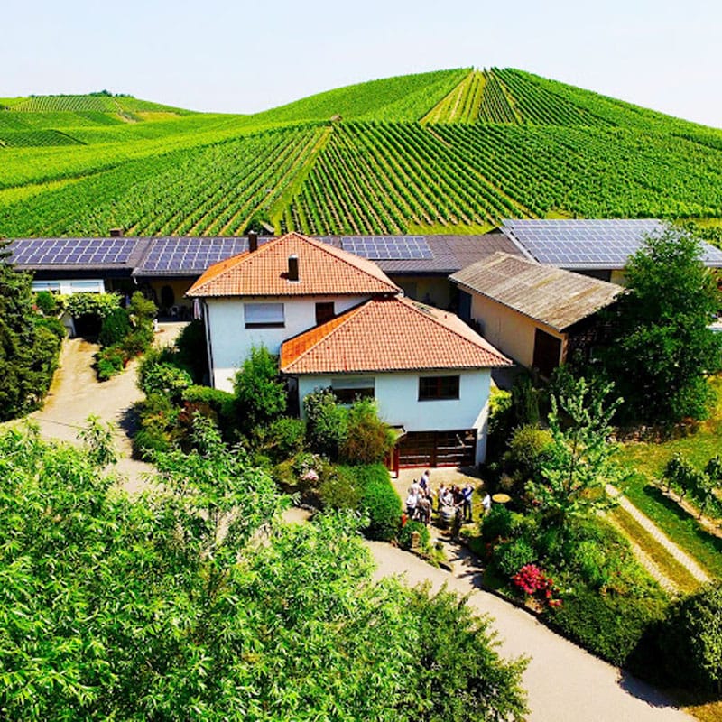 Luftaufnahme eines Hauses mit Sonnenkollektoren, umgeben von Weinbergen an mehreren Standorten.