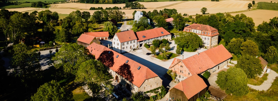 Luftaufnahme von Gut Ludwigsruhe, einem traditionellen Gutshof mit rotgedeckten Gebäuden, umgeben von bewirtschafteten Feldern bei Langenburg.