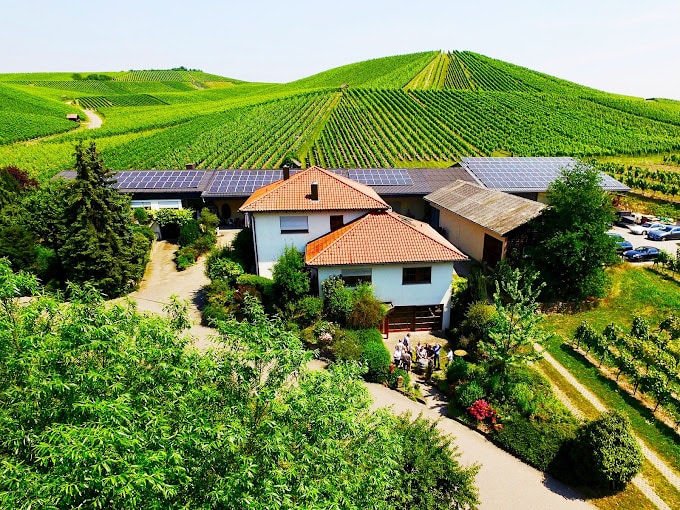 Luftaufnahme eines ländlichen Hauses mit Sonnenkollektoren auf den Dächern, umgeben von sanften grünen Hügeln mit landwirtschaftlichen Feldern und den Weinbergen des Weinguts Fischer.